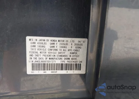 2007 Acura Tsx из США, поврежденный, VIN JH4CL96887C017271